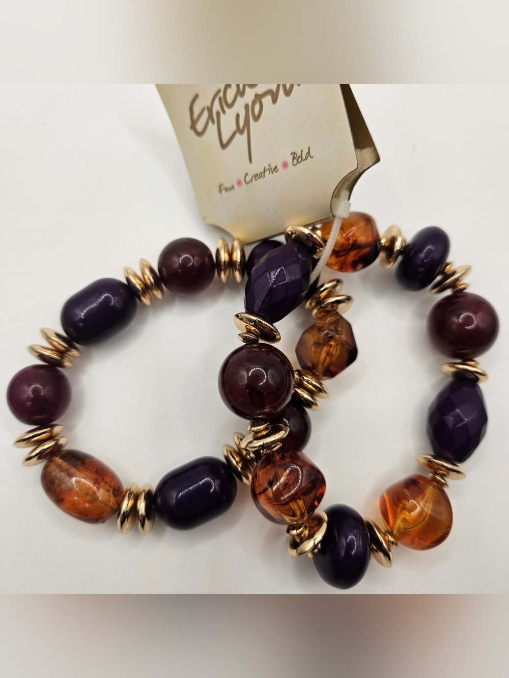 Erica Lyons Beaded Chunky Stretch Bracelets Set 2 Purple Amber Tortoise